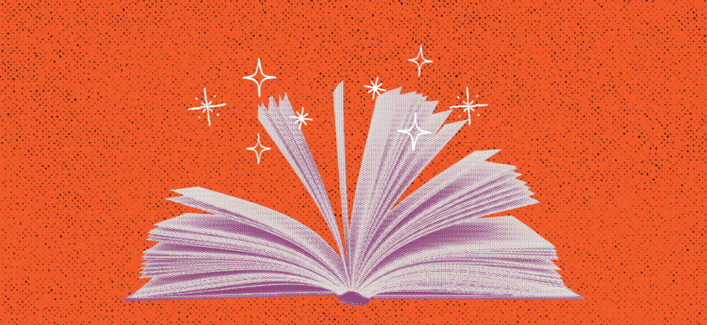 graphic of open book with sparkles coming from it
