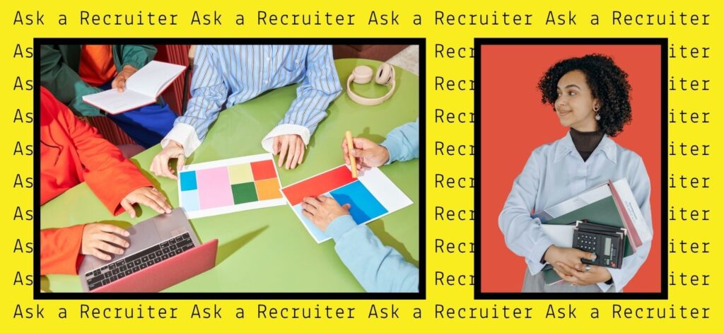 Ask a Recruiter blog image showing a team working on a project and a photo on the side of a person ready to join in.